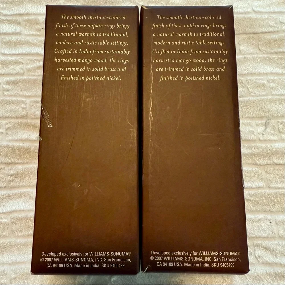 🍴 Lot 8 mango wood Williams-Sonoma Napkin Rings holders Brass Nickel NWT NIB WS